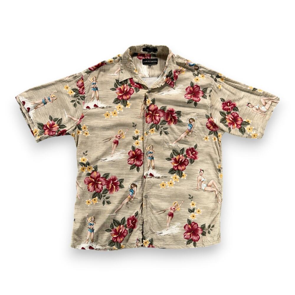 Croft Barrow Hawaiian Shirt Adult EXTRA LARGE Brown Floral Pinup Girl Camp Print